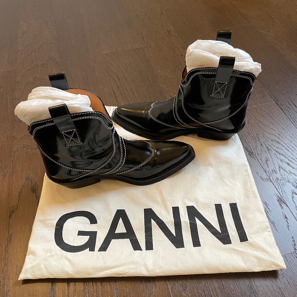 GANNI Black Western Ankle Boots SIZE 37